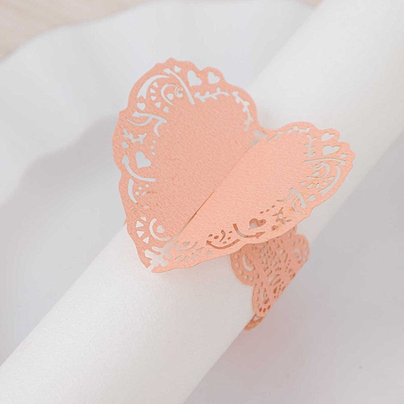 12 Shimmery Laser Cut Heart Paper Napkin Rings with Lace Pattern