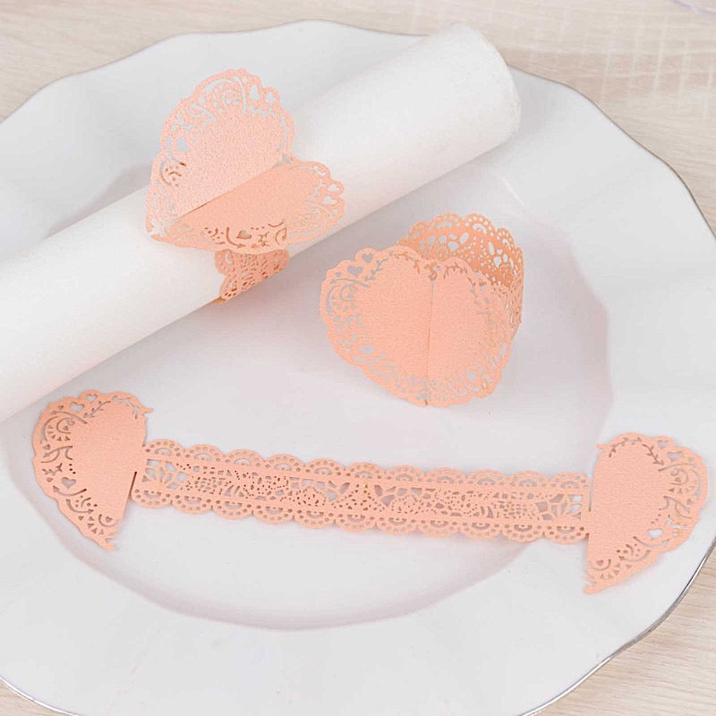 12 Shimmery Laser Cut Heart Paper Napkin Rings with Lace Pattern