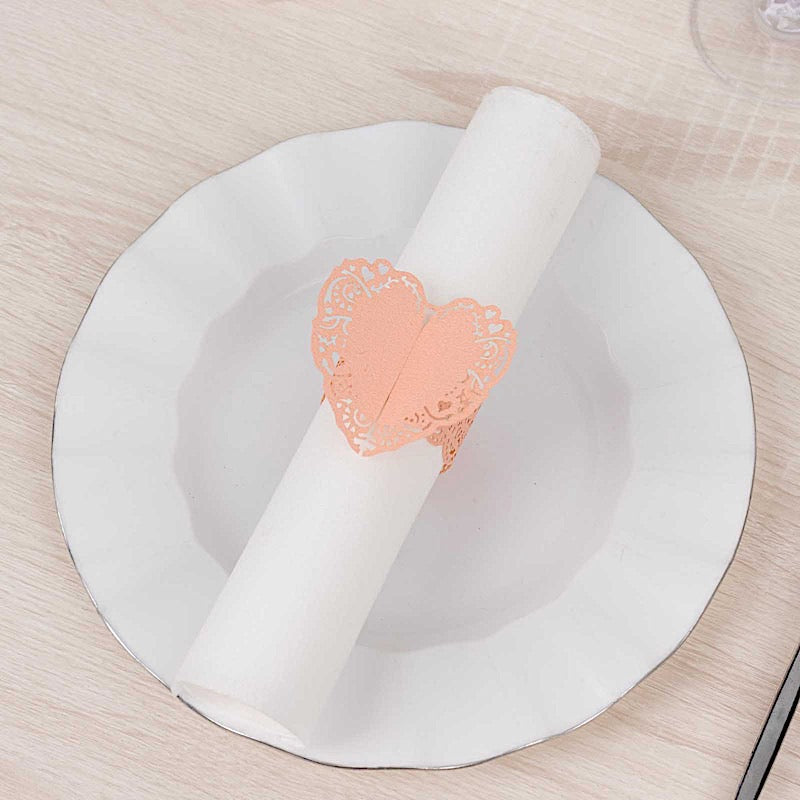 12 Shimmery Laser Cut Heart Paper Napkin Rings with Lace Pattern