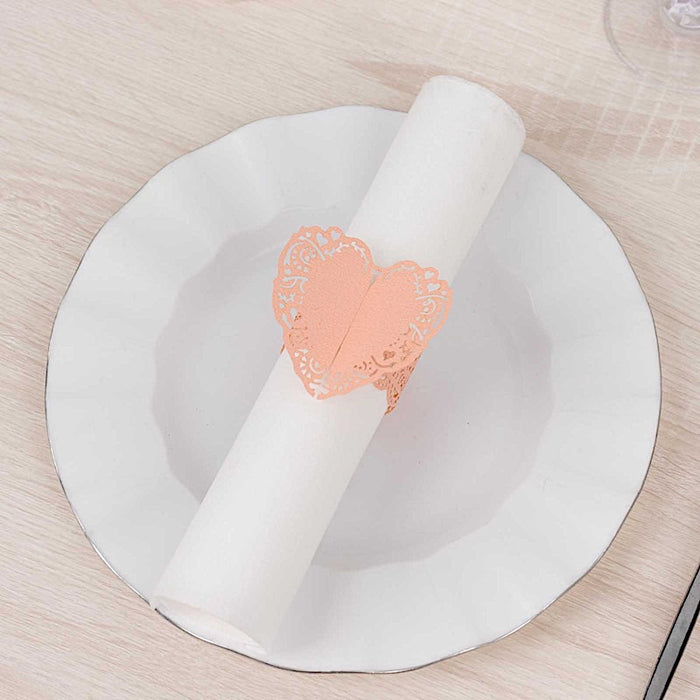 12 Shimmery Laser Cut Heart Paper Napkin Rings with Lace Pattern