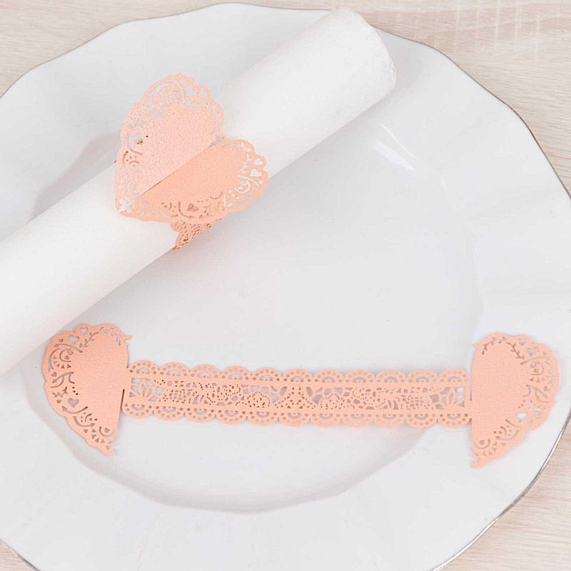 12 Shimmery Laser Cut Heart Paper Napkin Rings with Lace Pattern