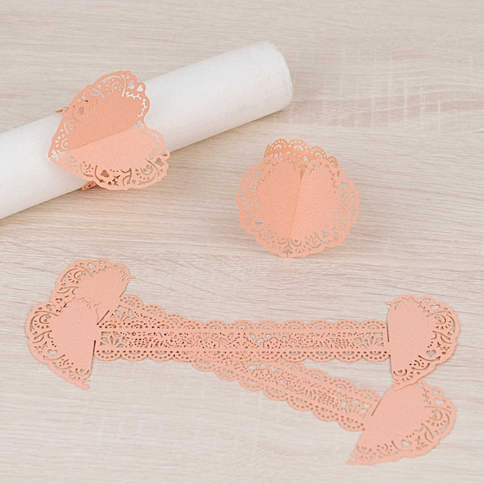 12 Shimmery Laser Cut Heart Paper Napkin Rings with Lace Pattern