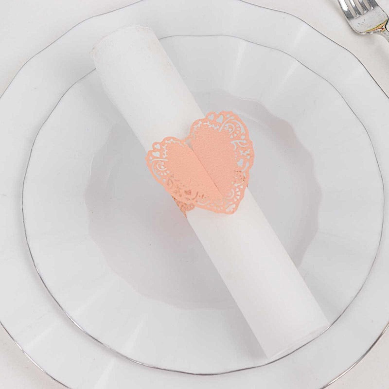 12 Shimmery Laser Cut Heart Paper Napkin Rings with Lace Pattern