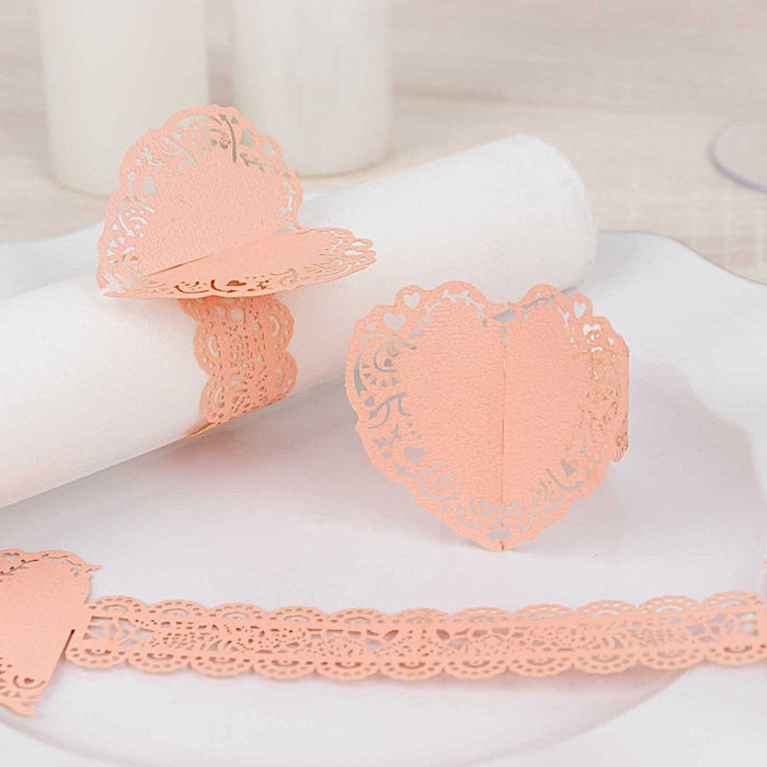 12 Shimmery Laser Cut Heart Paper Napkin Rings with Lace Pattern