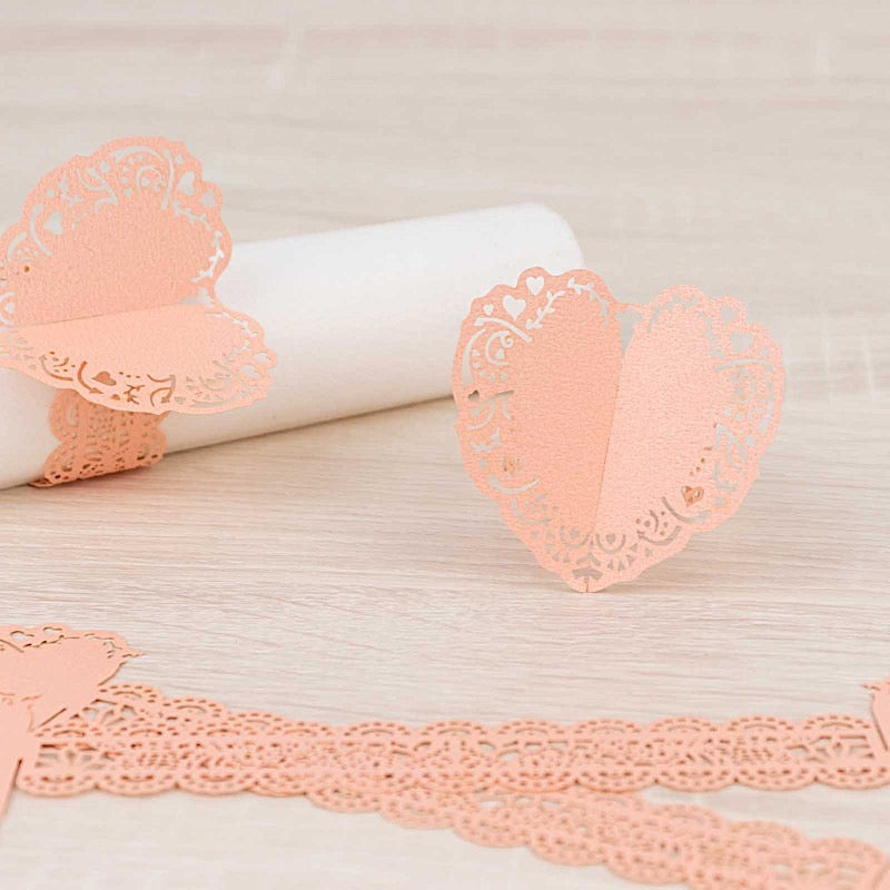 12 Shimmery Laser Cut Heart Paper Napkin Rings with Lace Pattern