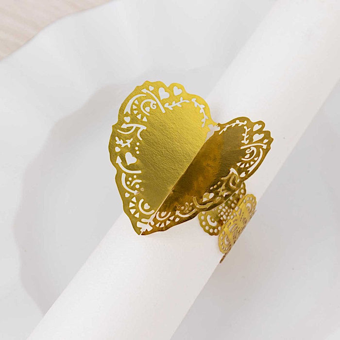 12 Shimmery Laser Cut Heart Paper Napkin Rings with Lace Pattern