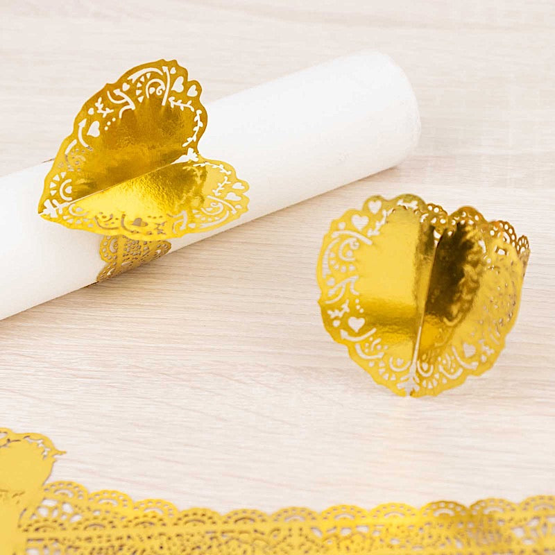 12 Shimmery Laser Cut Heart Paper Napkin Rings with Lace Pattern