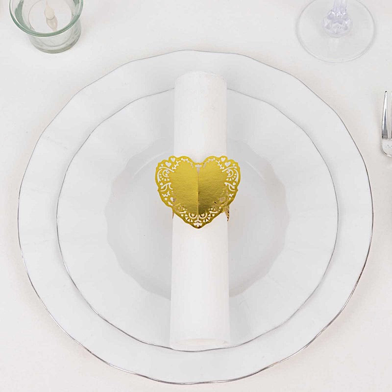 12 Shimmery Laser Cut Heart Paper Napkin Rings with Lace Pattern