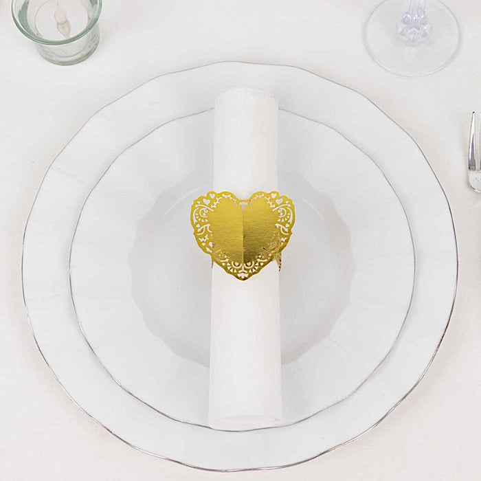 12 Shimmery Laser Cut Heart Paper Napkin Rings with Lace Pattern