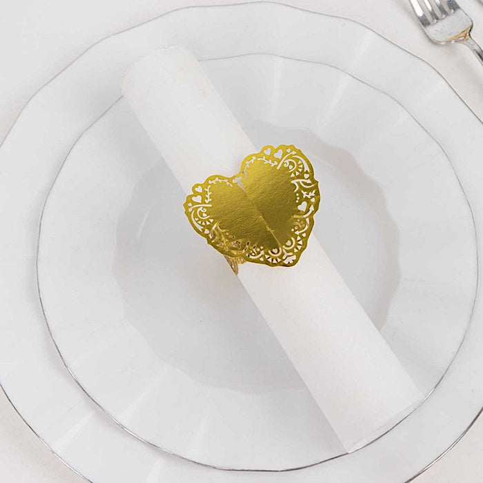 12 Shimmery Laser Cut Heart Paper Napkin Rings with Lace Pattern