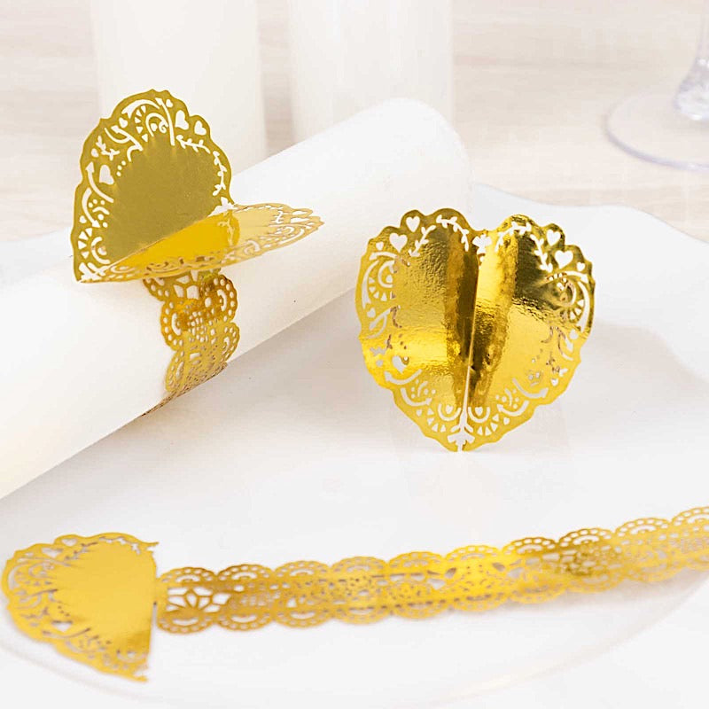 12 Shimmery Laser Cut Heart Paper Napkin Rings with Lace Pattern