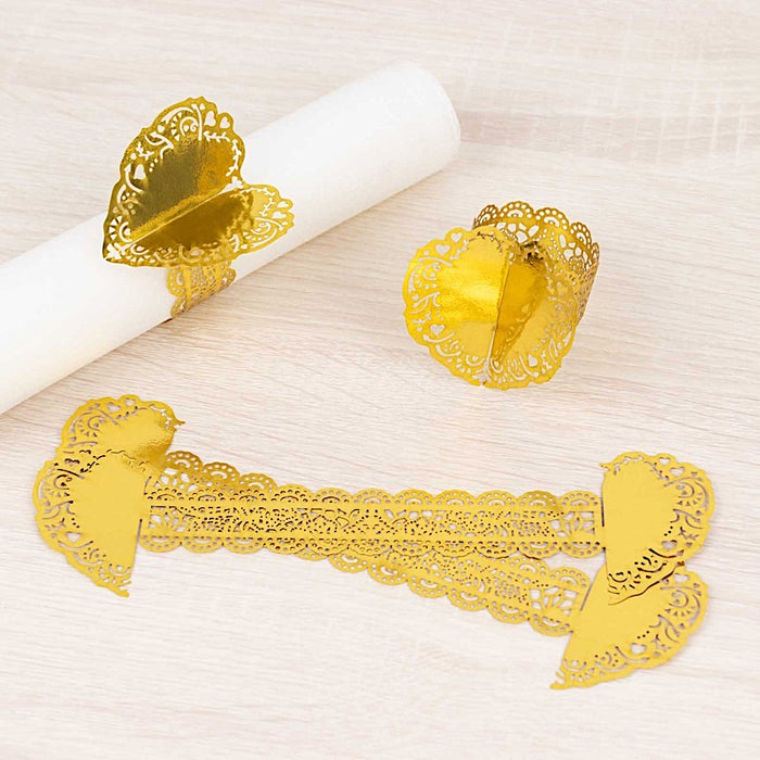 12 Shimmery Laser Cut Heart Paper Napkin Rings with Lace Pattern