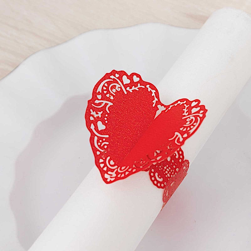 12 Shimmery Laser Cut Heart Paper Napkin Rings with Lace Pattern