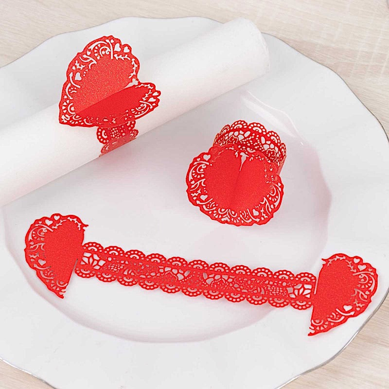 12 Shimmery Laser Cut Heart Paper Napkin Rings with Lace Pattern