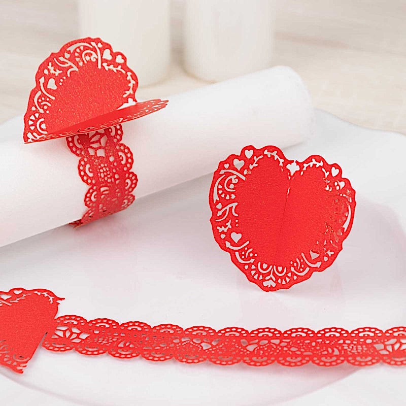 12 Shimmery Laser Cut Heart Paper Napkin Rings with Lace Pattern