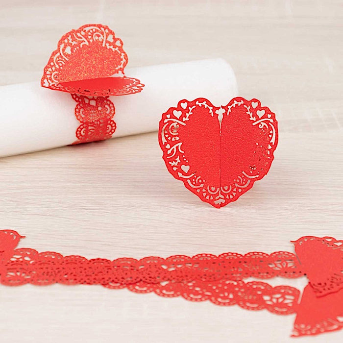 12 Shimmery Laser Cut Heart Paper Napkin Rings with Lace Pattern