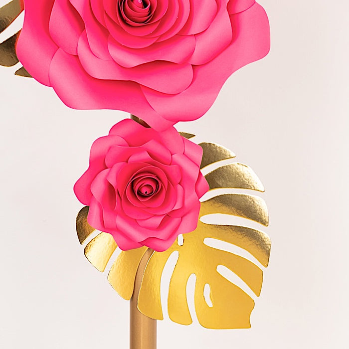 9 3D Rose Paper Flowers with Gold Monstera Leaves