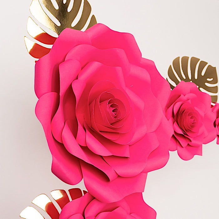 9 3D Rose Paper Flowers with Gold Monstera Leaves