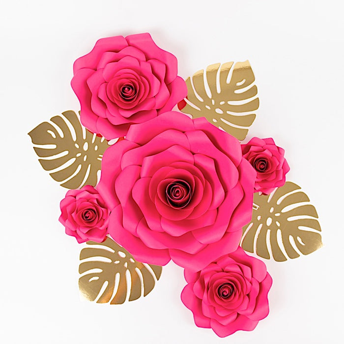 9 3D Rose Paper Flowers with Gold Monstera Leaves