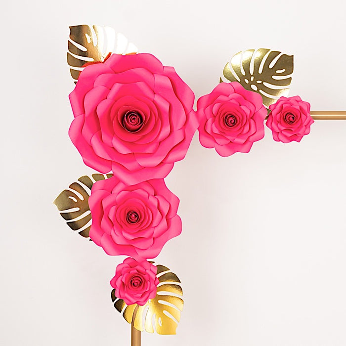 9 3D Rose Paper Flowers with Gold Monstera Leaves