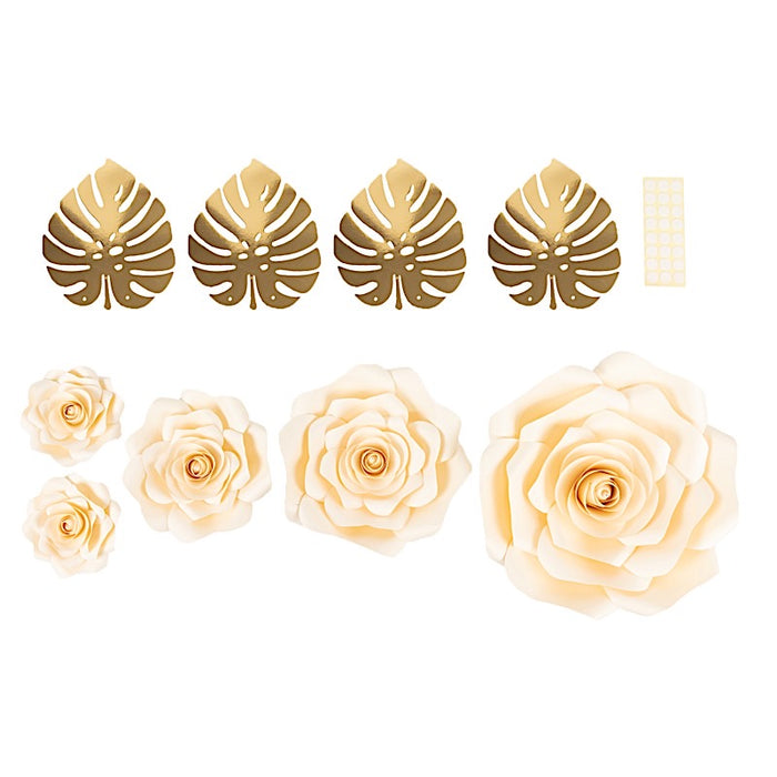 9 3D Rose Paper Flowers with Gold Monstera Leaves