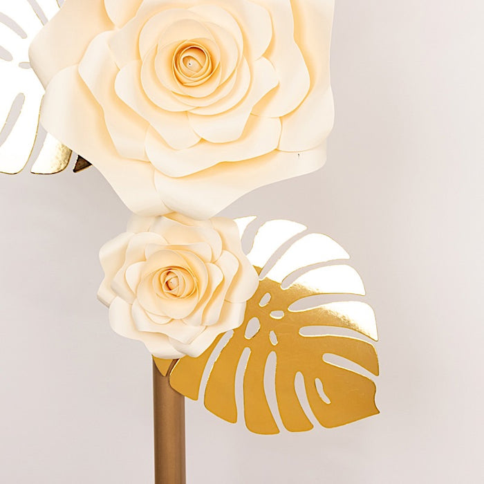 9 3D Rose Paper Flowers with Gold Monstera Leaves