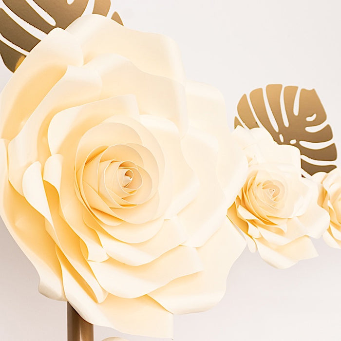 9 3D Rose Paper Flowers with Gold Monstera Leaves