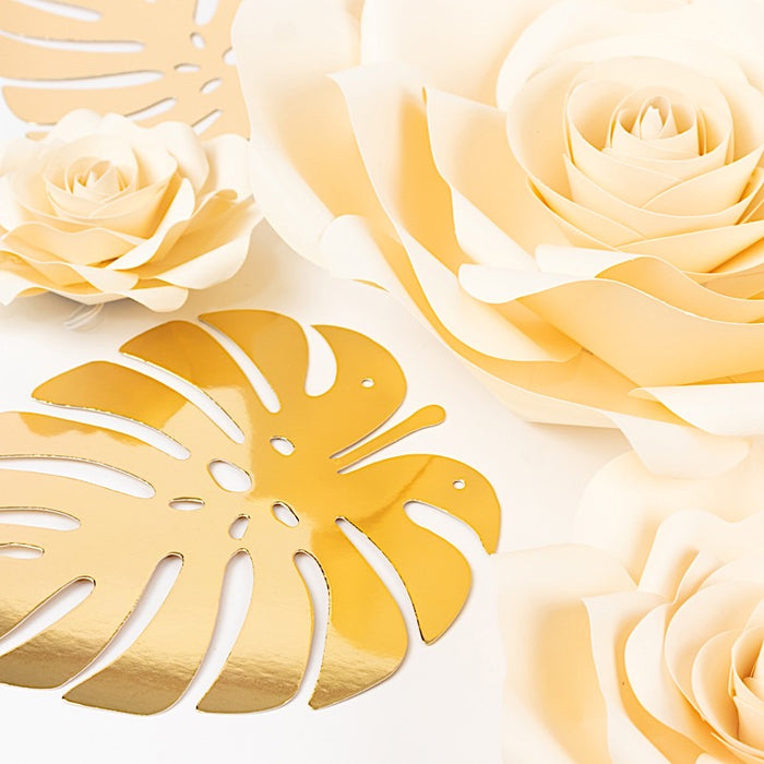 9 3D Rose Paper Flowers with Gold Monstera Leaves