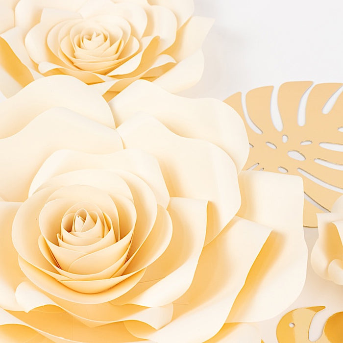 9 3D Rose Paper Flowers with Gold Monstera Leaves