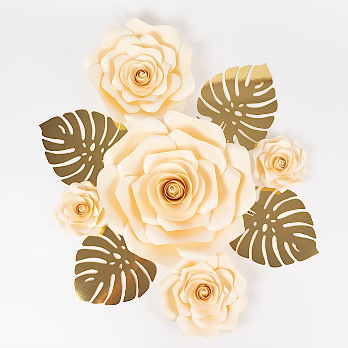 9 3D Rose Paper Flowers with Gold Monstera Leaves