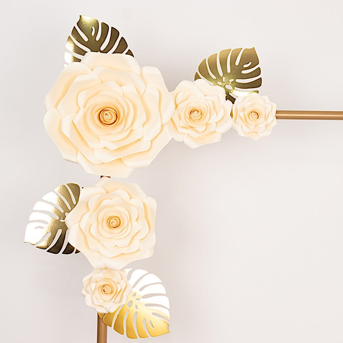 9 3D Rose Paper Flowers with Gold Monstera Leaves