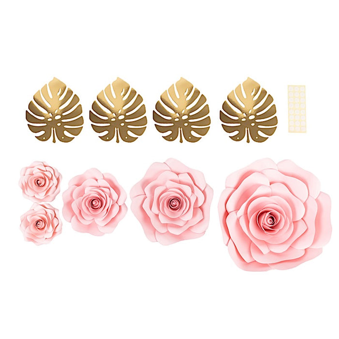 9 3D Rose Paper Flowers with Gold Monstera Leaves