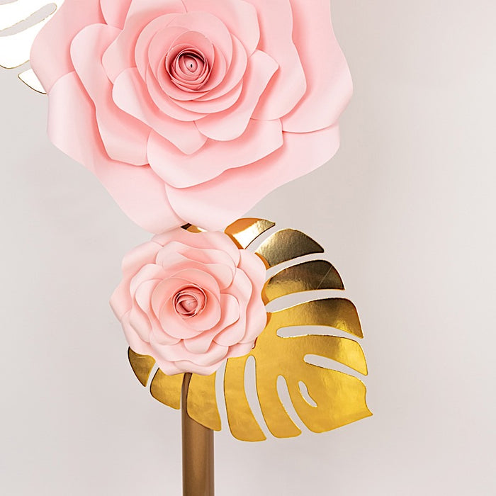 9 3D Rose Paper Flowers with Gold Monstera Leaves