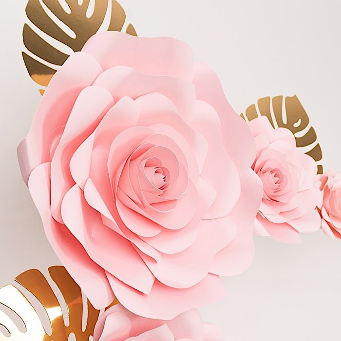 9 3D Rose Paper Flowers with Gold Monstera Leaves