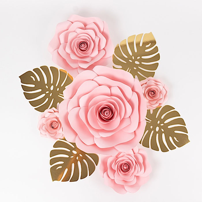 9 3D Rose Paper Flowers with Gold Monstera Leaves