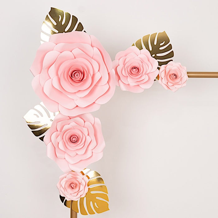 9 3D Rose Paper Flowers with Gold Monstera Leaves