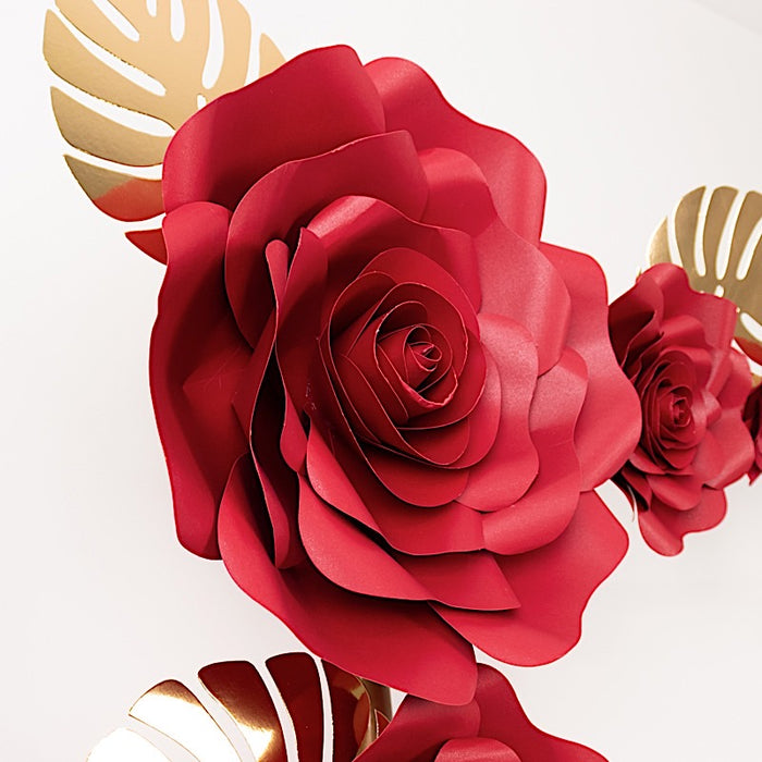 9 3D Rose Paper Flowers with Gold Monstera Leaves