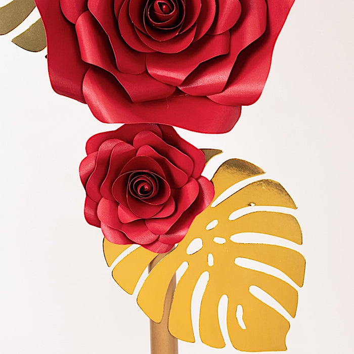 9 3D Rose Paper Flowers with Gold Monstera Leaves