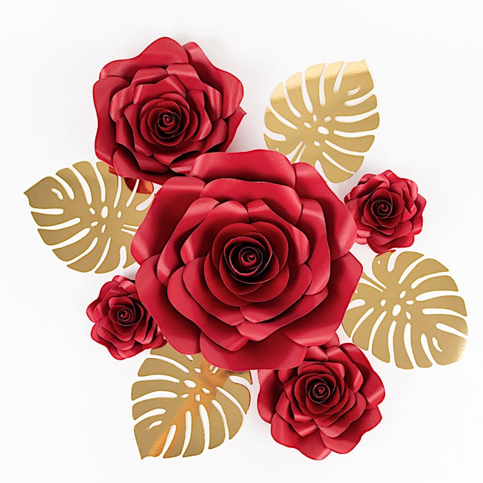 9 3D Rose Paper Flowers with Gold Monstera Leaves