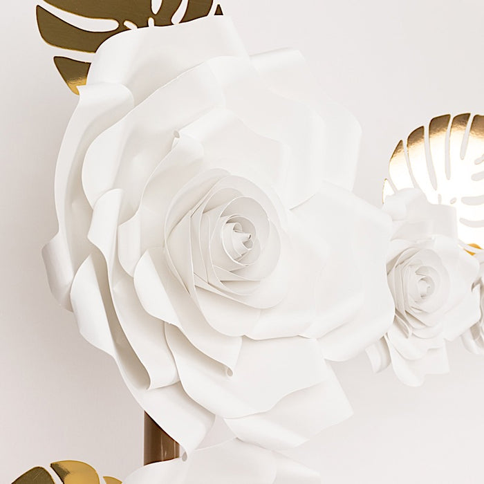 9 3D Rose Paper Flowers with Gold Monstera Leaves