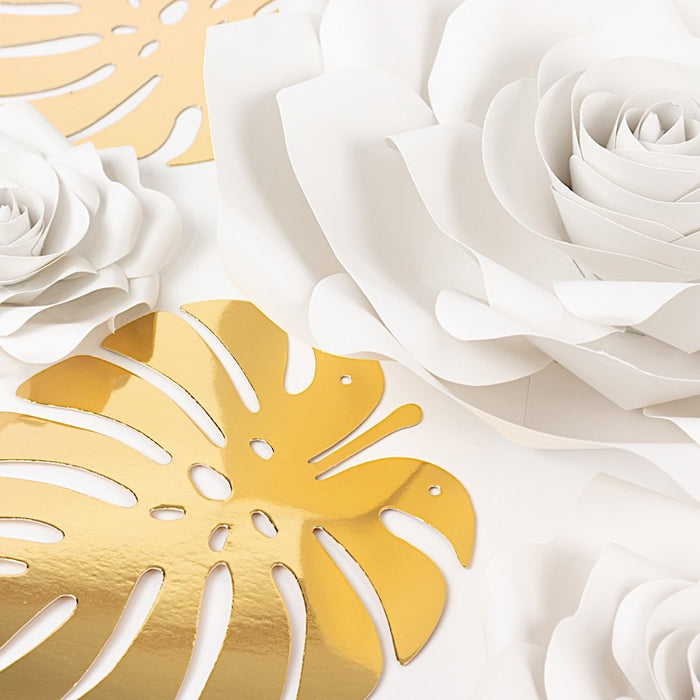 9 3D Rose Paper Flowers with Gold Monstera Leaves