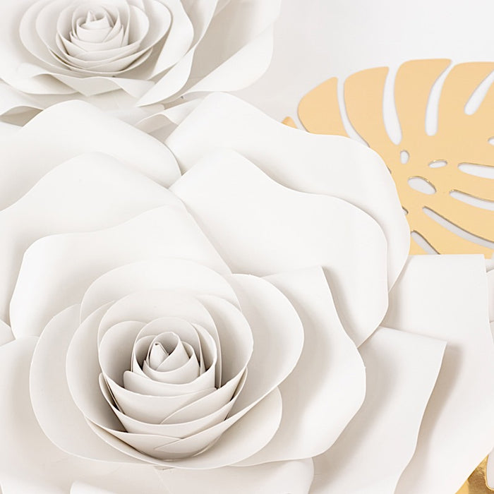 9 3D Rose Paper Flowers with Gold Monstera Leaves