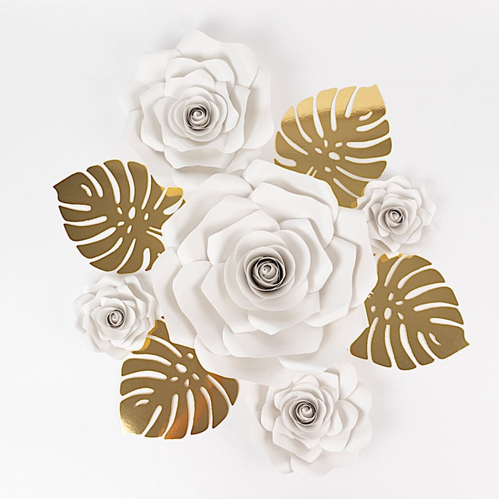 9 3D Rose Paper Flowers with Gold Monstera Leaves