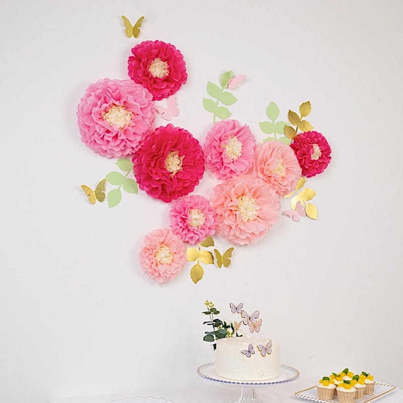 21 Tissue Paper Pom Poms Chrysanthemum Flowers with Butterflies and Leaves Set