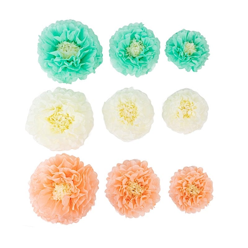 21 Tissue Paper Pom Poms Chrysanthemum Flowers with Butterflies and Leaves Set