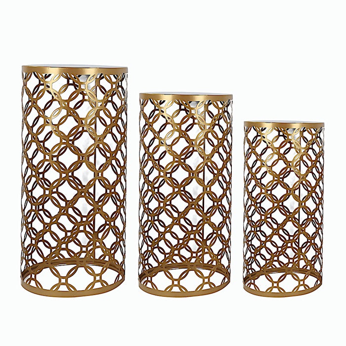 3 Metal Cylinder Plinth Pedestal Stands - Gold