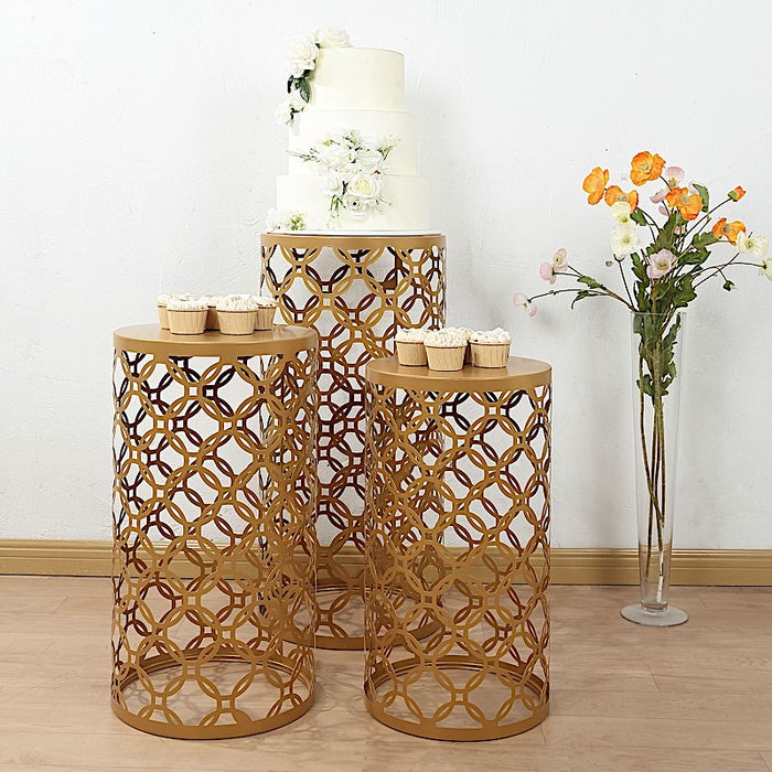 3 Metal Cylinder Plinth Pedestal Stands - Gold