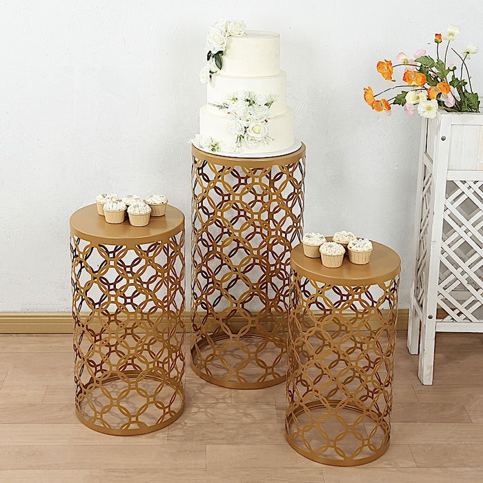 3 Metal Cylinder Plinth Pedestal Stands - Gold