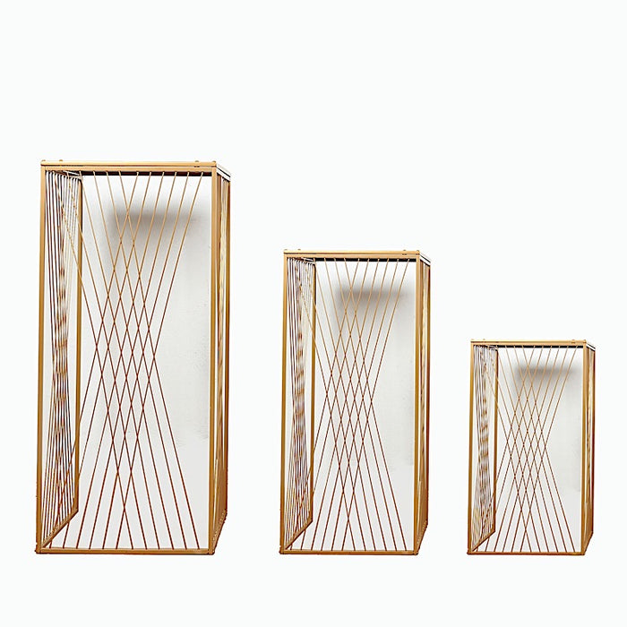 3 Metal Pedestal Stands with Geometric Crossed Lines Pattern - Gold