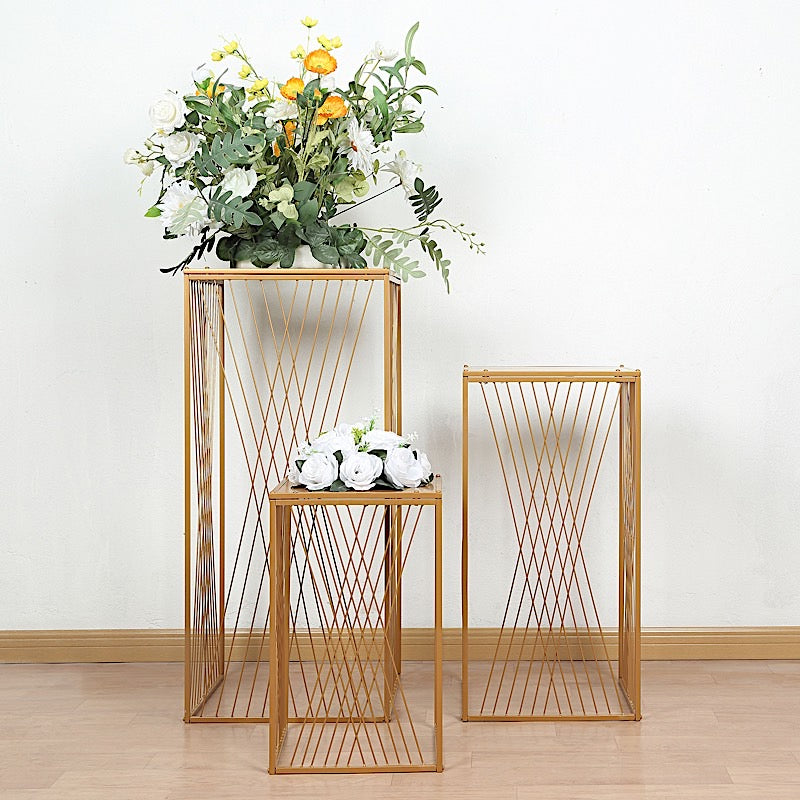 3 Metal Pedestal Stands with Geometric Crossed Lines Pattern - Gold